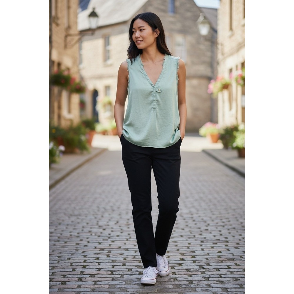 SweetGREY Mint Green Sleeveless Frayed Neck V-Neck Blouse Top Womens Size Medium
